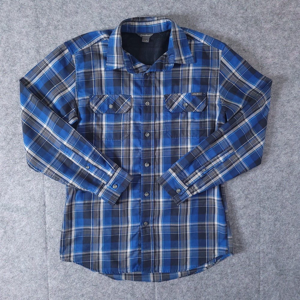 EDDIE BAUER Mens Blue Plaid Flannel Shirt Long Sleeve Double Chest Pocket Small
